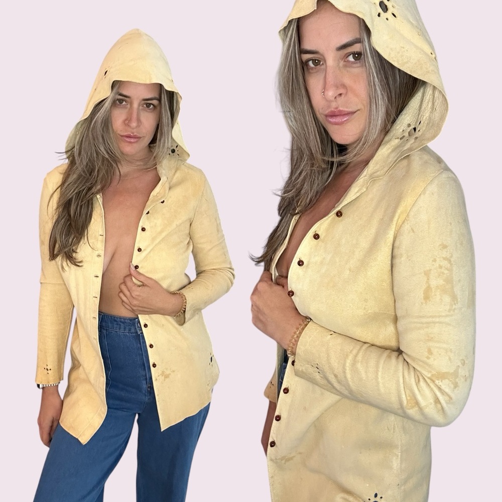 Vintage 1960s Deerskin Hooded Jacket Eyelet Flower Santa Fe Leather Co.